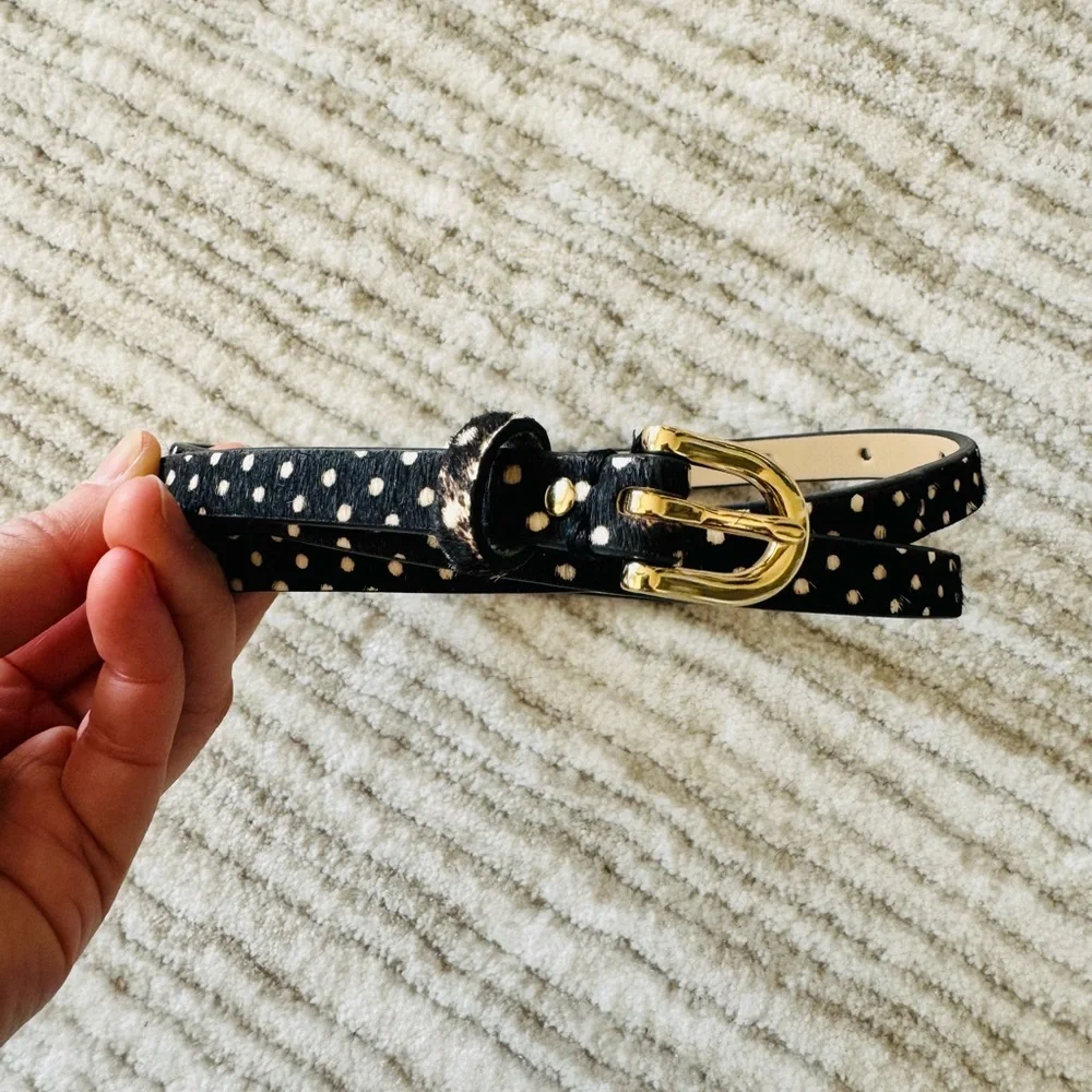 Ann Taylor Black Spotted Hair-On Faux Leather Skinny Belt Gold Buckle Sz small - Picture 1 of 5